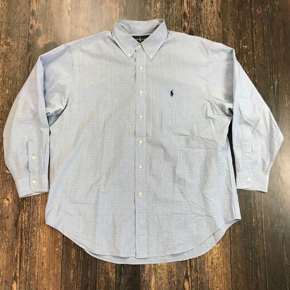 RALPH LAUREN Plaid Button Front Shirt 17 32/33 Classic Fit Cotton Polo Logo Blue